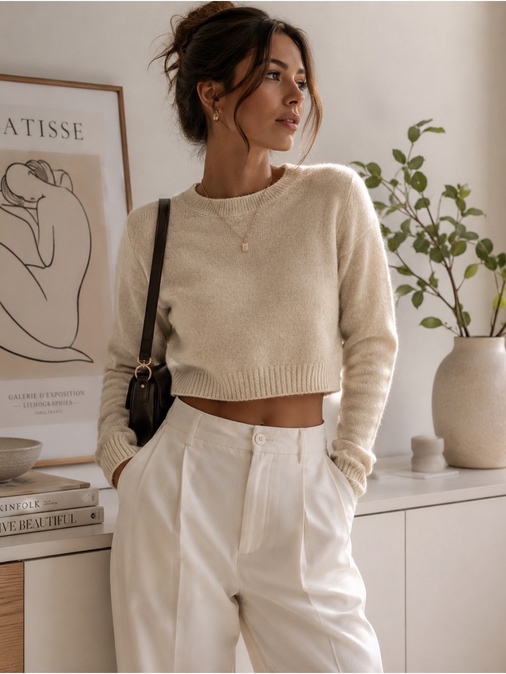 NWT Mango Cropped Knit Sweater Beige Crew Neck Minimalist Capsule Wardrobe